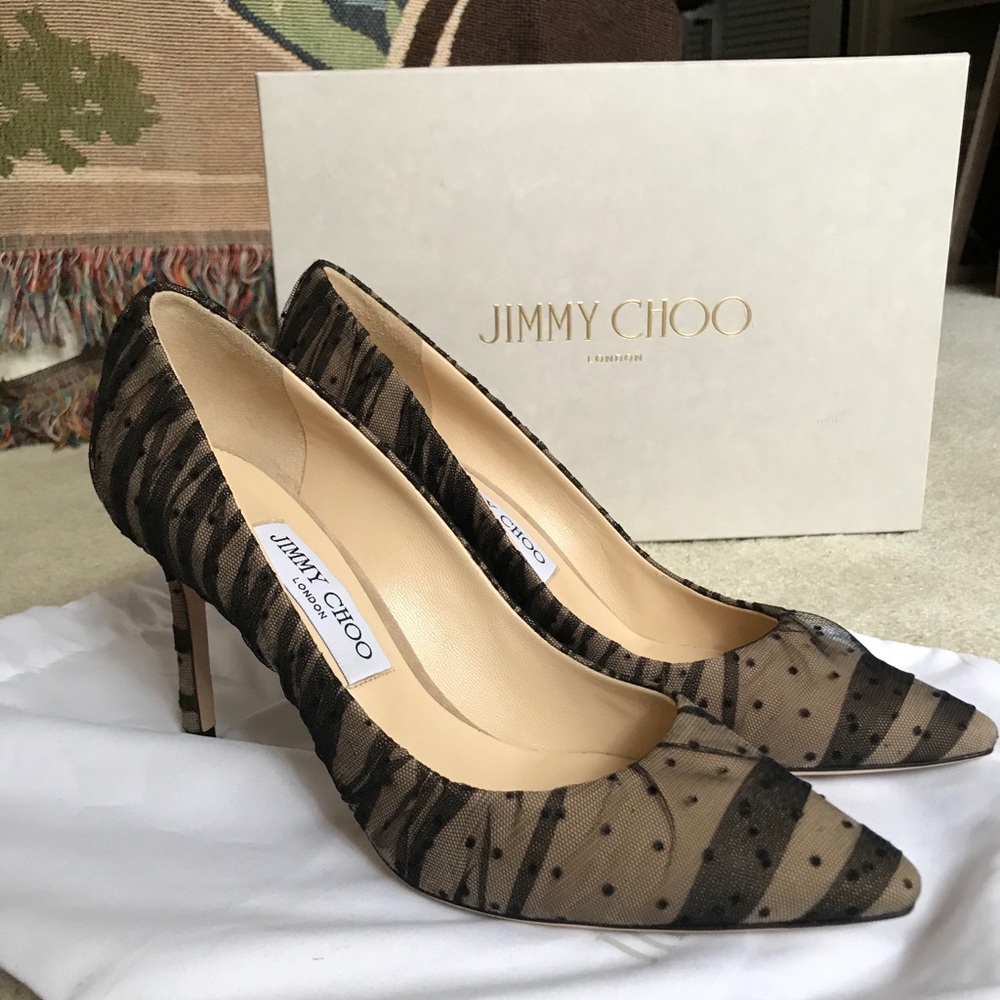 Jimmy Choo tulle on nude suede shoes